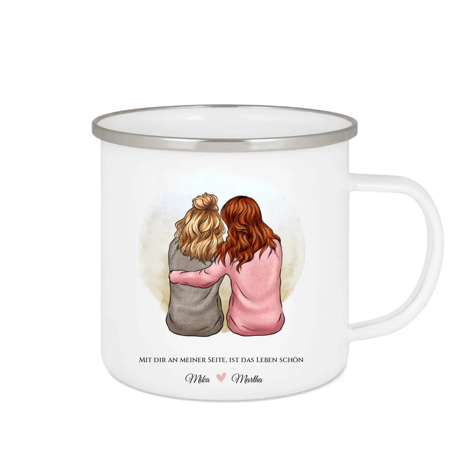 2 beste Freundinnen Geburtstagsgeschenk - Emaille Tasse Emaillebecher mit Namen personalisiert- Friends Weihnachtsgeschenk