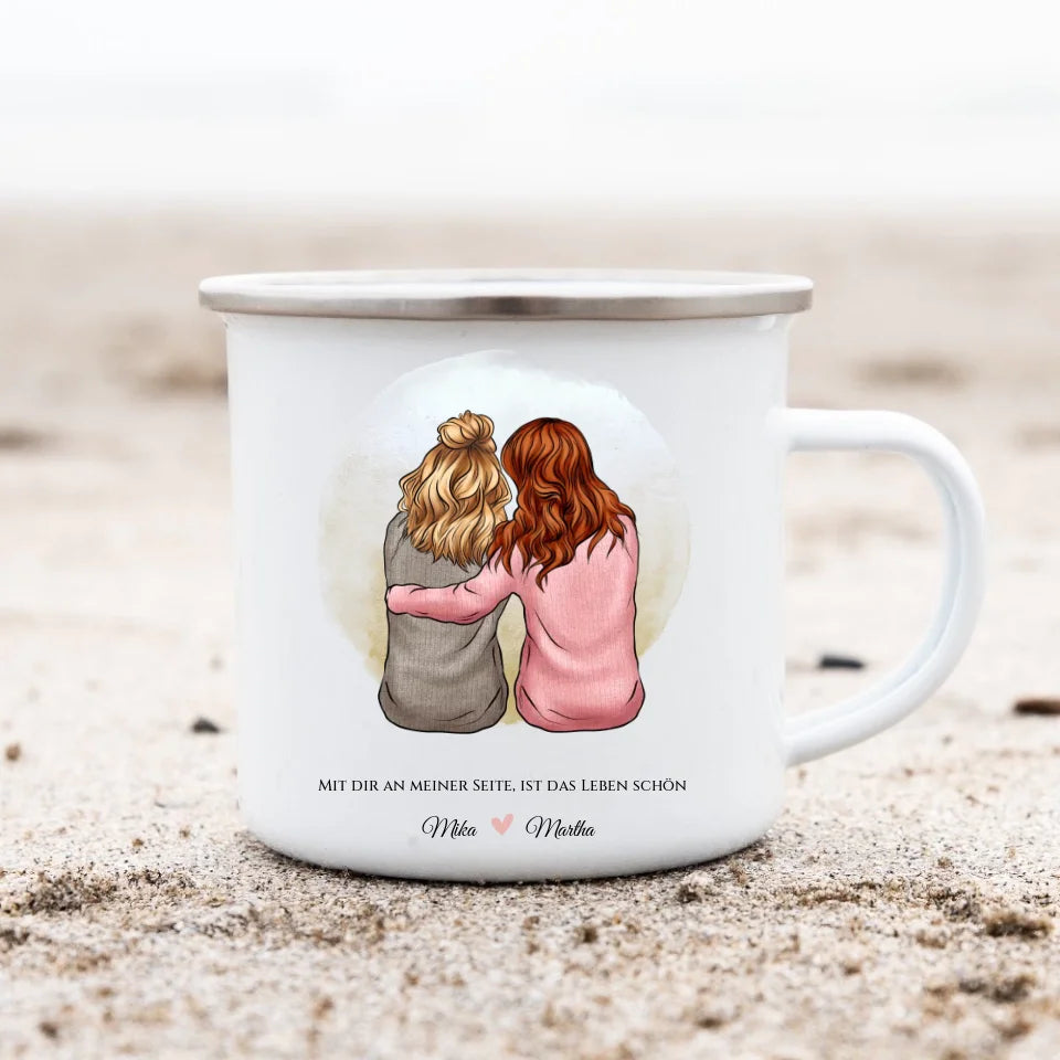 2 beste Freundinnen Geburtstagsgeschenk - Emaille Tasse Emaillebecher mit Namen personalisiert- Friends Weihnachtsgeschenk