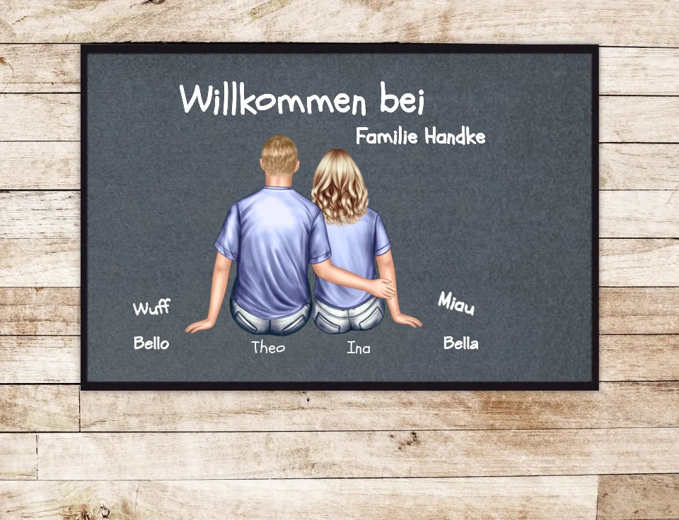 Personalisierte Fußmatte Geschenk Familie Paar | Paarbild mit Name Hundename Katzenname | Pärchen Dekofußmatte