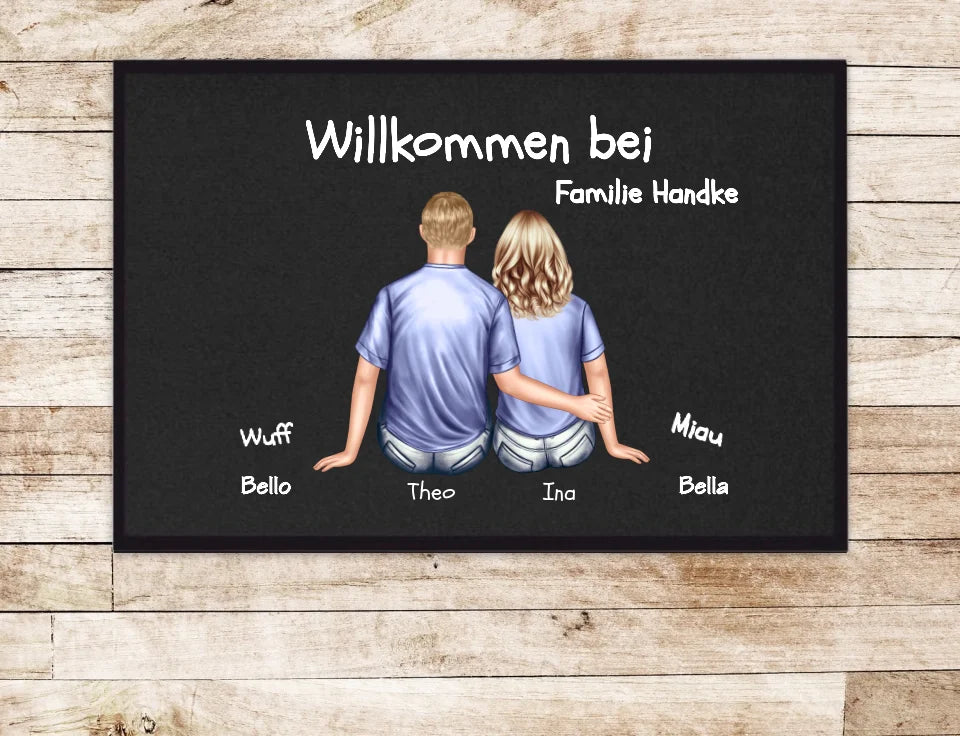 Personalisierte Fußmatte Geschenk Familie Paar | Paarbild mit Name Hundename Katzenname | Pärchen Dekofußmatte