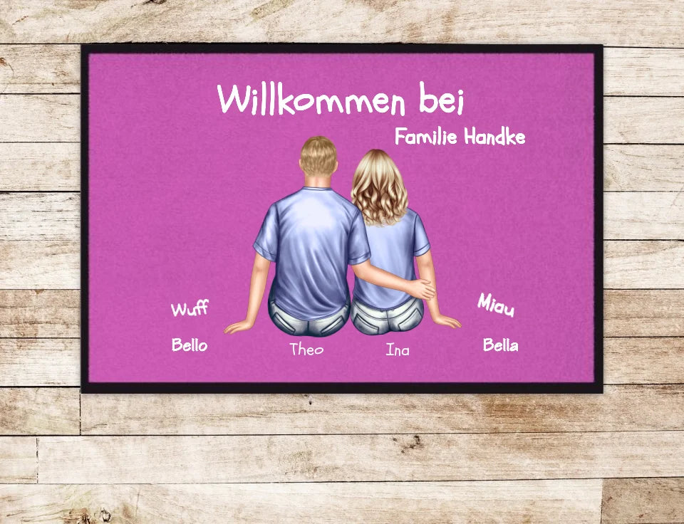 Personalisierte Fußmatte Geschenk Familie Paar | Paarbild mit Name Hundename Katzenname | Pärchen Dekofußmatte