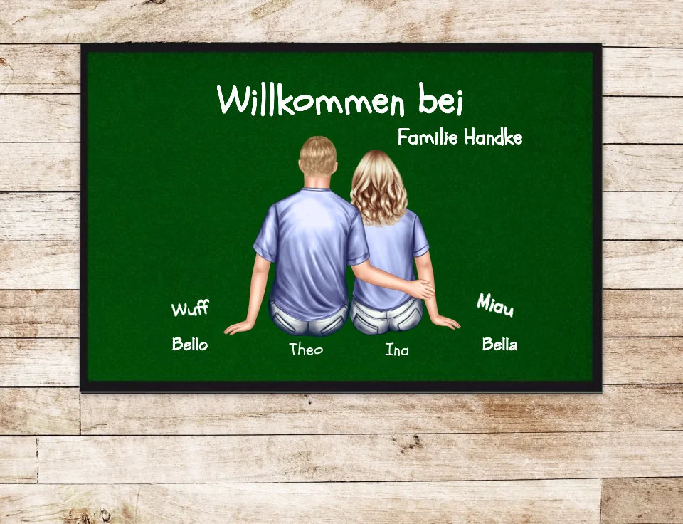 Personalisierte Fußmatte Geschenk Familie Paar | Paarbild mit Name Hundename Katzenname | Pärchen Dekofußmatte