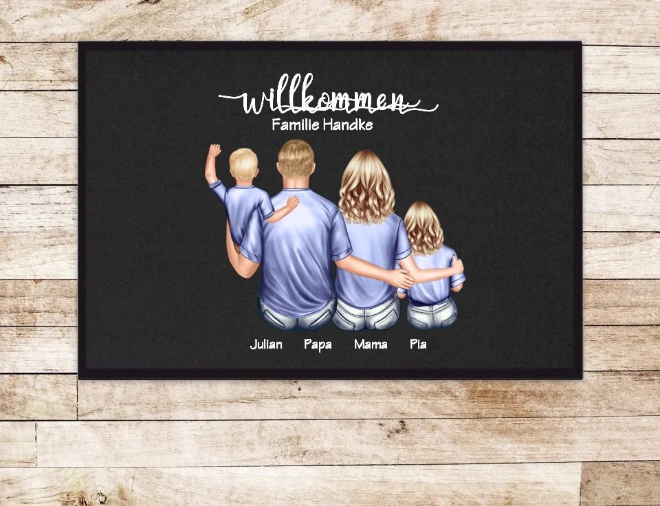 Geschenk Familie | Personalisierte Fußmatte Familie Mama | Papa, 2 Kindern, Baby mit Name | Dekofußmatte