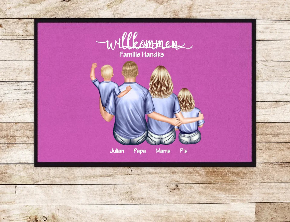 Geschenk Familie | Personalisierte Fußmatte Familie Mama | Papa, 2 Kindern, Baby mit Name | Dekofußmatte