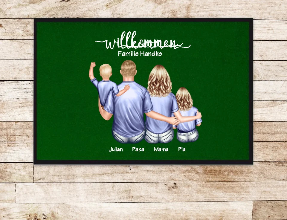 Geschenk Familie | Personalisierte Fußmatte Familie Mama | Papa, 2 Kindern, Baby mit Name | Dekofußmatte