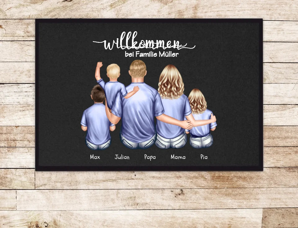 Geschenk Familie | Personalisierte Fußmatte Familie Mama | Papa, 3 Kindern mit Name | Dekofußmatte