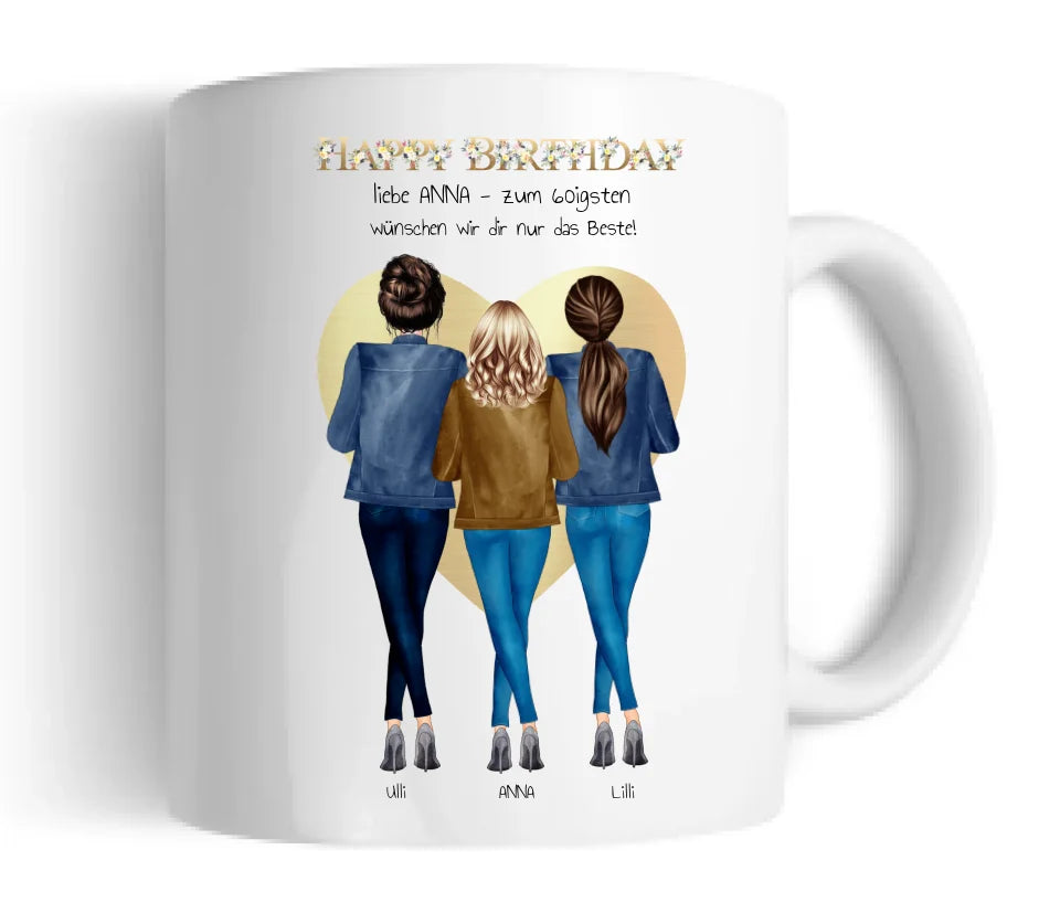 60 Geburtstag Freundin Geschenk | Personalisiertes Tasse Happy Birthday mit 3 Freundinnen | Geschenk Schwester | Kollegin | Mama