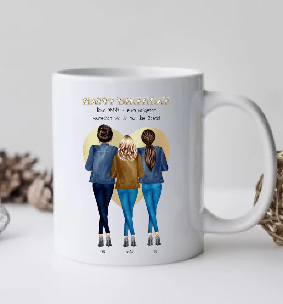 60 Geburtstag Freundin Geschenk | Personalisiertes Tasse Happy Birthday mit 3 Freundinnen | Geschenk Schwester | Kollegin | Mama