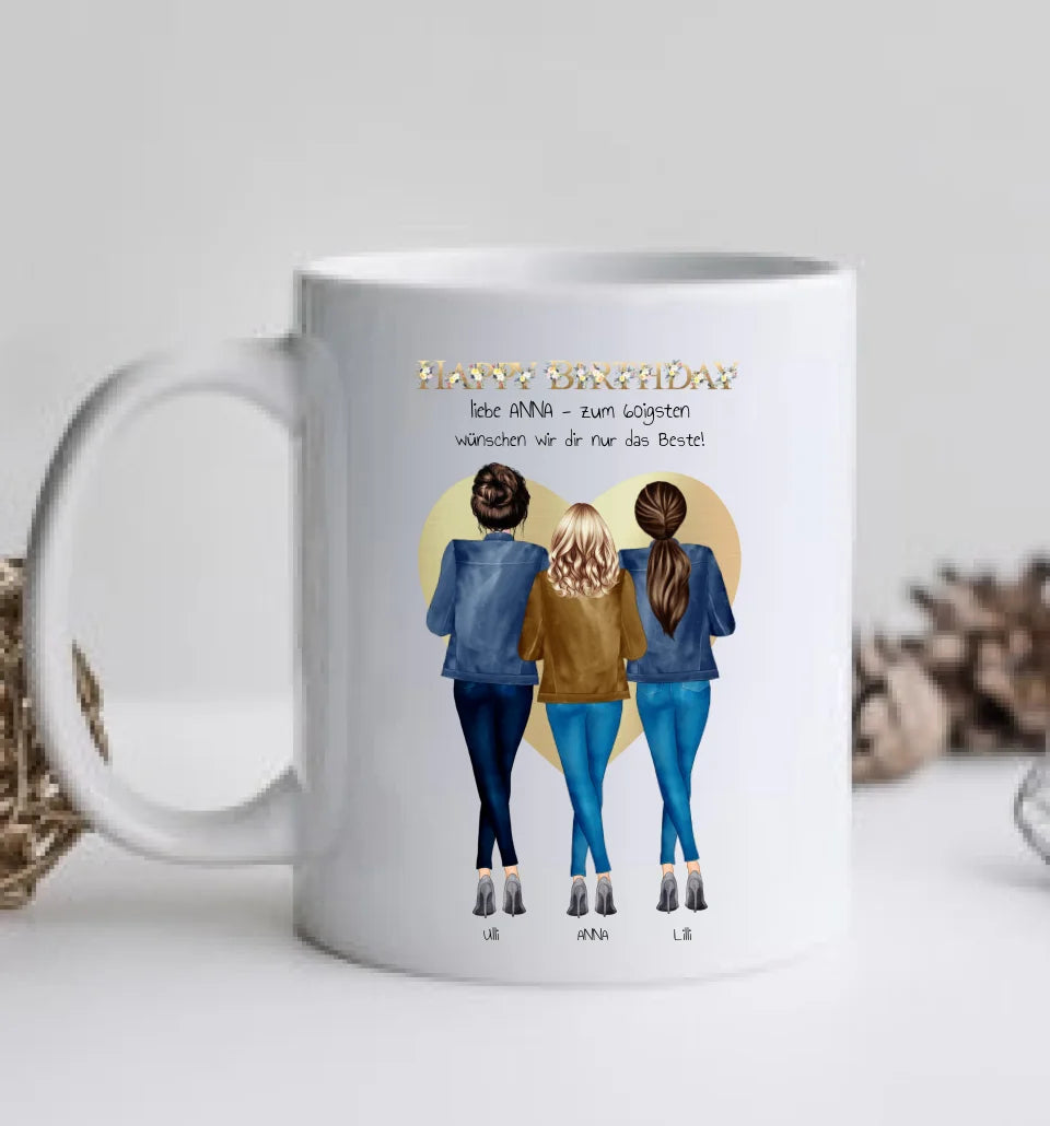 60 Geburtstag Freundin Geschenk | Personalisiertes Tasse Happy Birthday mit 3 Freundinnen | Geschenk Schwester | Kollegin | Mama