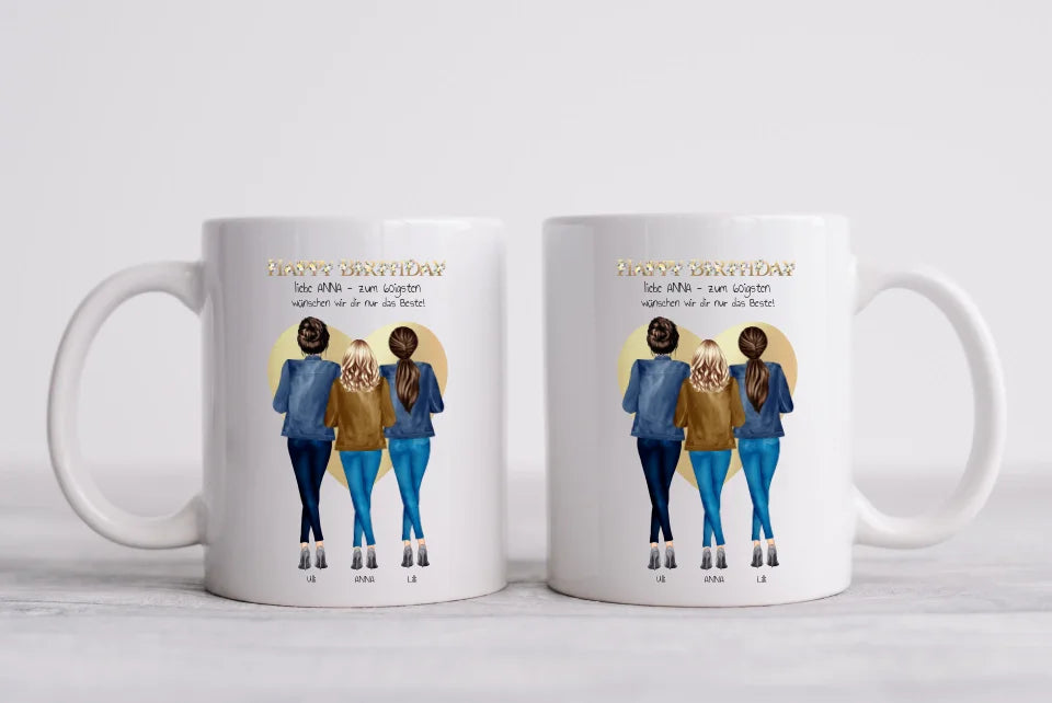 60 Geburtstag Freundin Geschenk | Personalisiertes Tasse Happy Birthday mit 3 Freundinnen | Geschenk Schwester | Kollegin | Mama