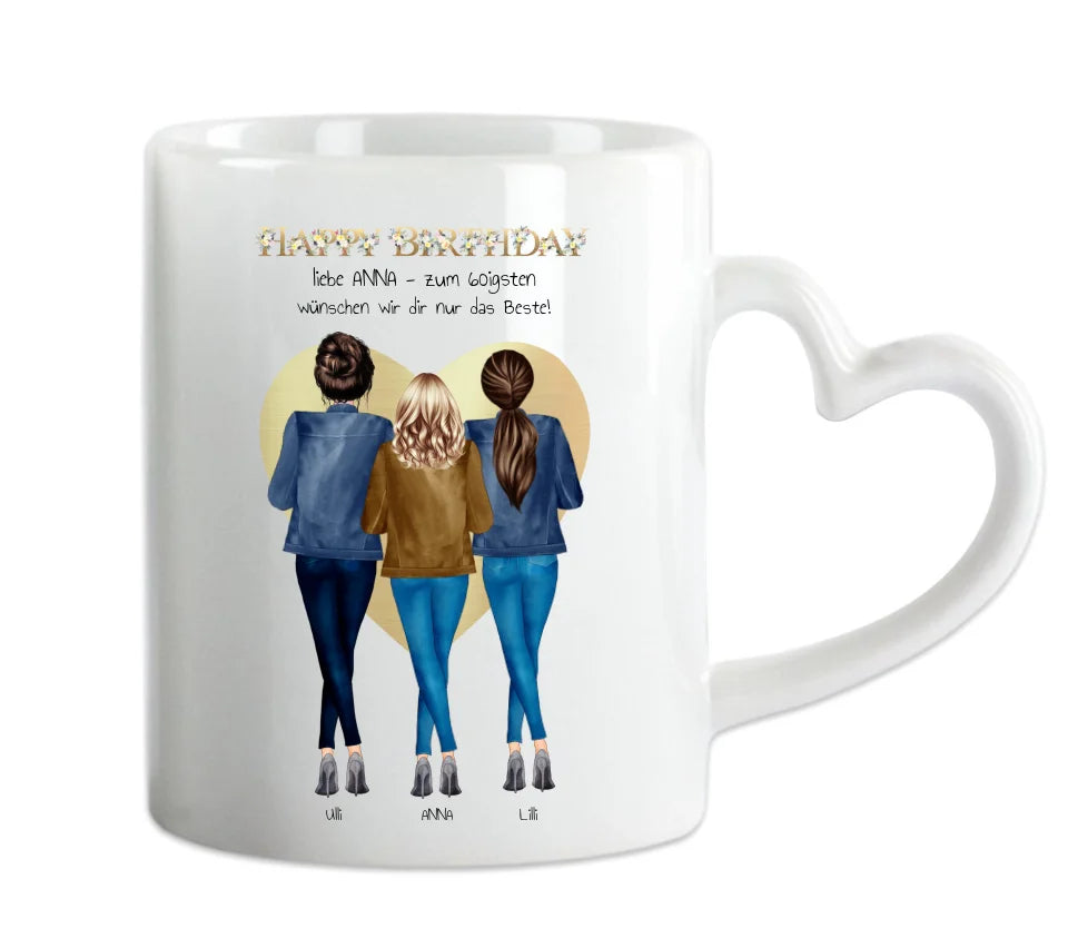 60 Geburtstag Freundin Geschenk | Personalisiertes Tasse Happy Birthday mit 3 Freundinnen | Geschenk Schwester | Kollegin | Mama