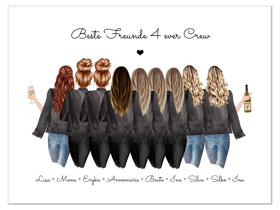 BFF 4ever - 9 Freundinnen Poster - Geschenk Beste Freunde 4 Ever Crew Bild personalisiert - Geburtstagsgeschenk & Weihnachtsgeschenk