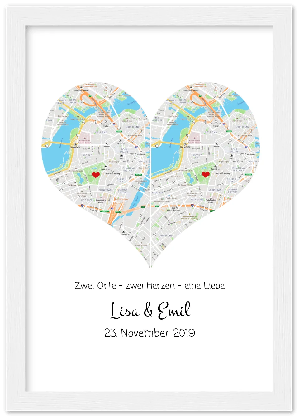 Hochzeitsgeschenk | Gerahmtes Koordinaten Poster Herz im Stadtkarte Design | Geschenkidee Hochzeit  -Valentinstaggeschenk | Geburtstagsgeschenk