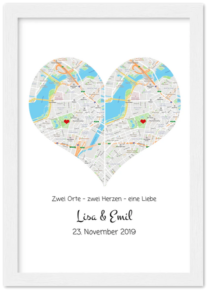 Hochzeitsgeschenk | Gerahmtes Koordinaten Poster Herz im Stadtkarte Design | Geschenkidee Hochzeit  -Valentinstaggeschenk | Geburtstagsgeschenk