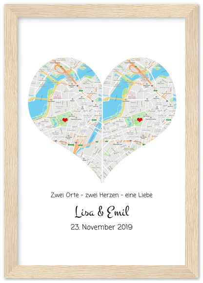 Hochzeitsgeschenk | Gerahmtes Koordinaten Poster Herz im Stadtkarte Design | Geschenkidee Hochzeit  -Valentinstaggeschenk | Geburtstagsgeschenk