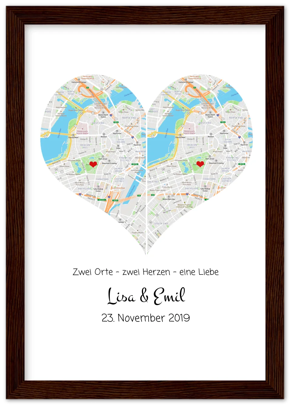 Hochzeitsgeschenk | Gerahmtes Koordinaten Poster Herz im Stadtkarte Design | Geschenkidee Hochzeit  -Valentinstaggeschenk | Geburtstagsgeschenk