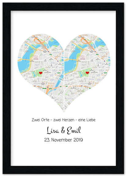 Hochzeitsgeschenk | Gerahmtes Koordinaten Poster Herz im Stadtkarte Design | Geschenkidee Hochzeit  -Valentinstaggeschenk | Geburtstagsgeschenk