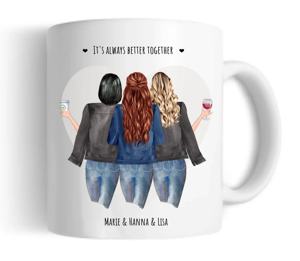 Personalsiertes beste Freunde Geschenk - 3 Beste Freundinnen Tasse, Kaffeebecher - Geschenk Schwester, Mama, Kollegin - Geburtstagsgeschenk, Weihnachtsgeschenk