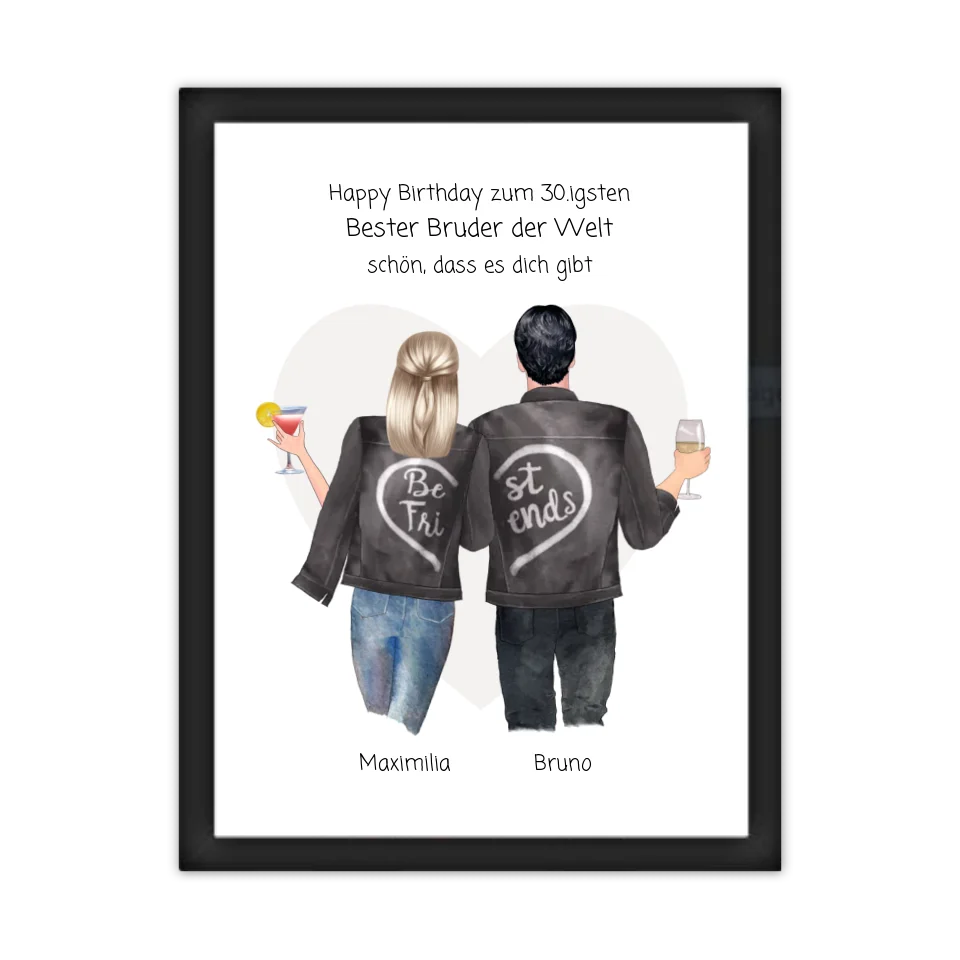 Geschenk 30 Geburtstag - Poster Bruder Schwester Bild - Geburtstagsgeschenk personalisiert Gerahmtes Poster schwarz Holzflair Schwarz