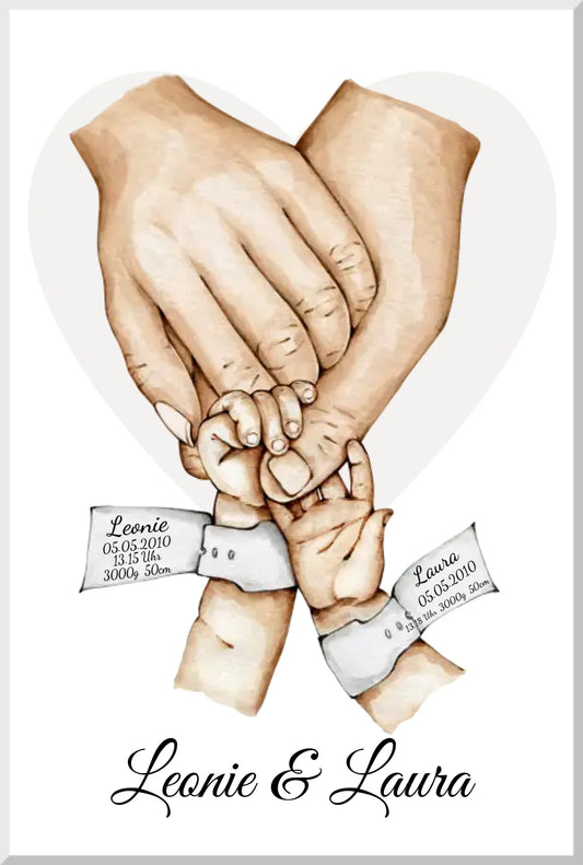 Personalisiertes Familienposter Geburtsanzeige Zwillinge Hände | Bild Familie | Familienname | Kindername | Geburtsdaten Leinwanddruck Leinwandbild