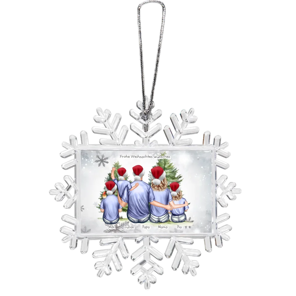 Weihnachtsbaum Ornament Schneeflocke Eltern mit 3 Kindern personalisiert. Baumschmuck, Baumanhänger. Geschenkanhänger