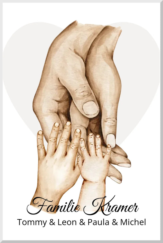 Personalisiertes Familiengeschenk als Familienposter mit Hände Motiv | Namen 4 Personen | Geschenk Bild Familie Leinwanddruck Leinwandbild