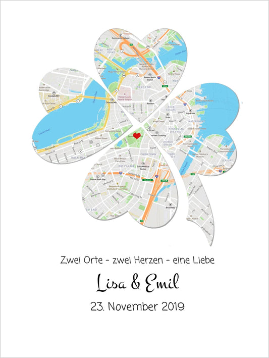 Personalisiertes Hochzeitsgeschenk Kleeblatt Poster Stadtkarte Design | Bild Geschenk Hochzeitstag, Jahrestag, Jubiläum