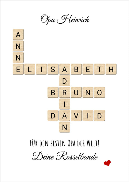 Opa, Großvater, Uropa Weihnachtsgeschenk / Geburtstagsgeschenk personalisiert Bild im Scrabble Style | Familienbild mit Namen