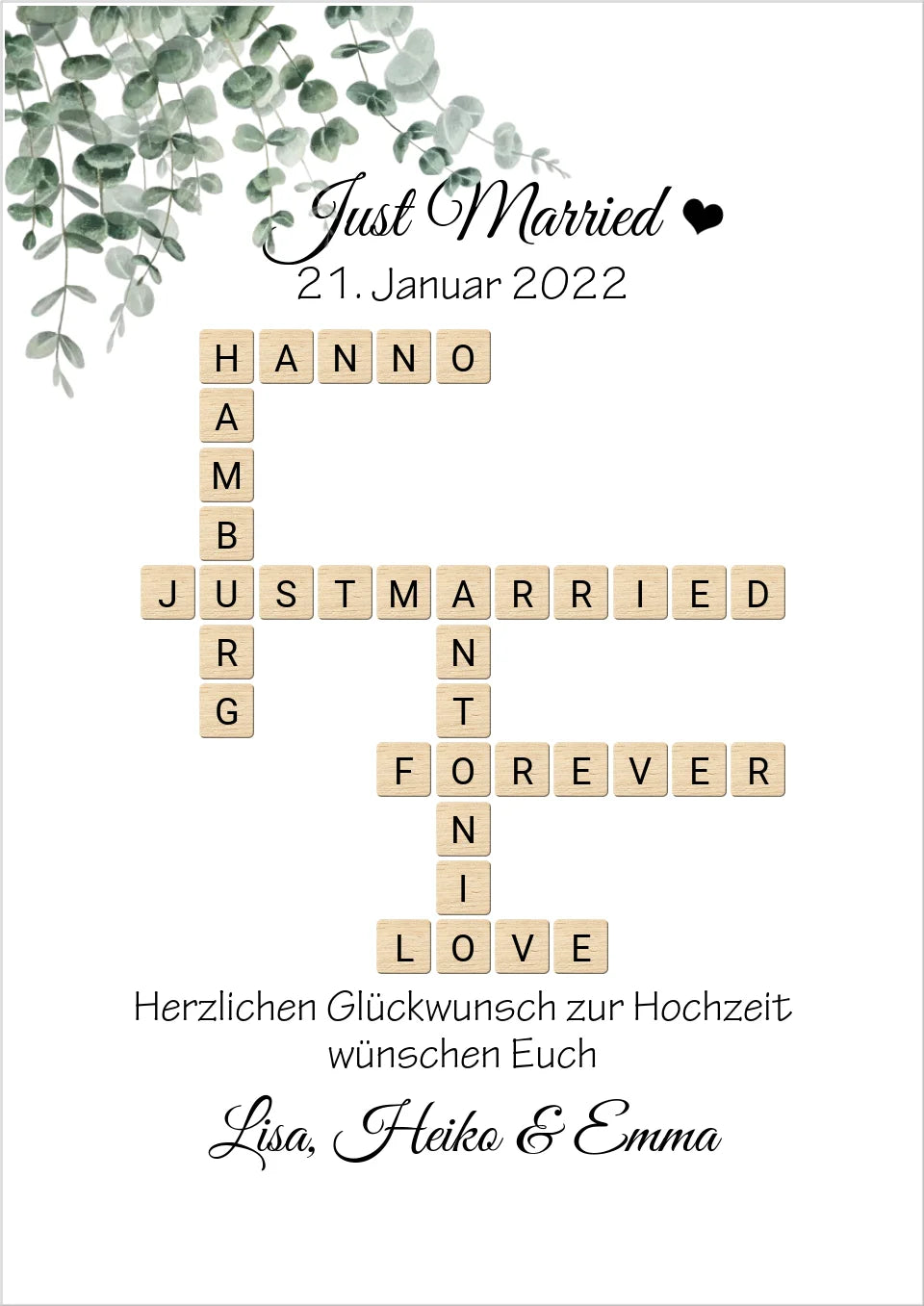 Personalisiertes Hochzeitsgeschenk Just Married Bild mit Namen im Scrabble Style