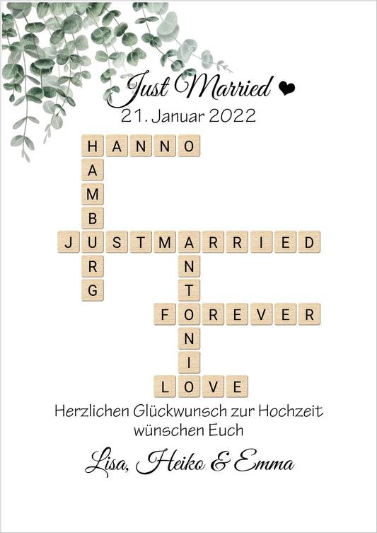 Personalisiertes Hochzeitsgeschenk Just Married Bild mit Namen im Scrabble Style