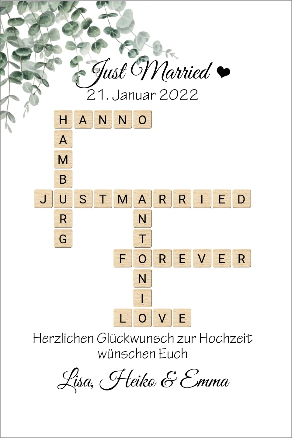 Personalisiertes Hochzeitsgeschenk Just Married Bild mit Namen im Scrabble Style