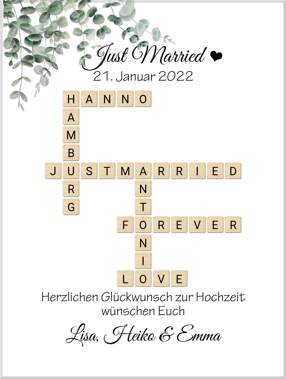 Personalisiertes Hochzeitsgeschenk Just Married Bild mit Namen im Scrabble Style