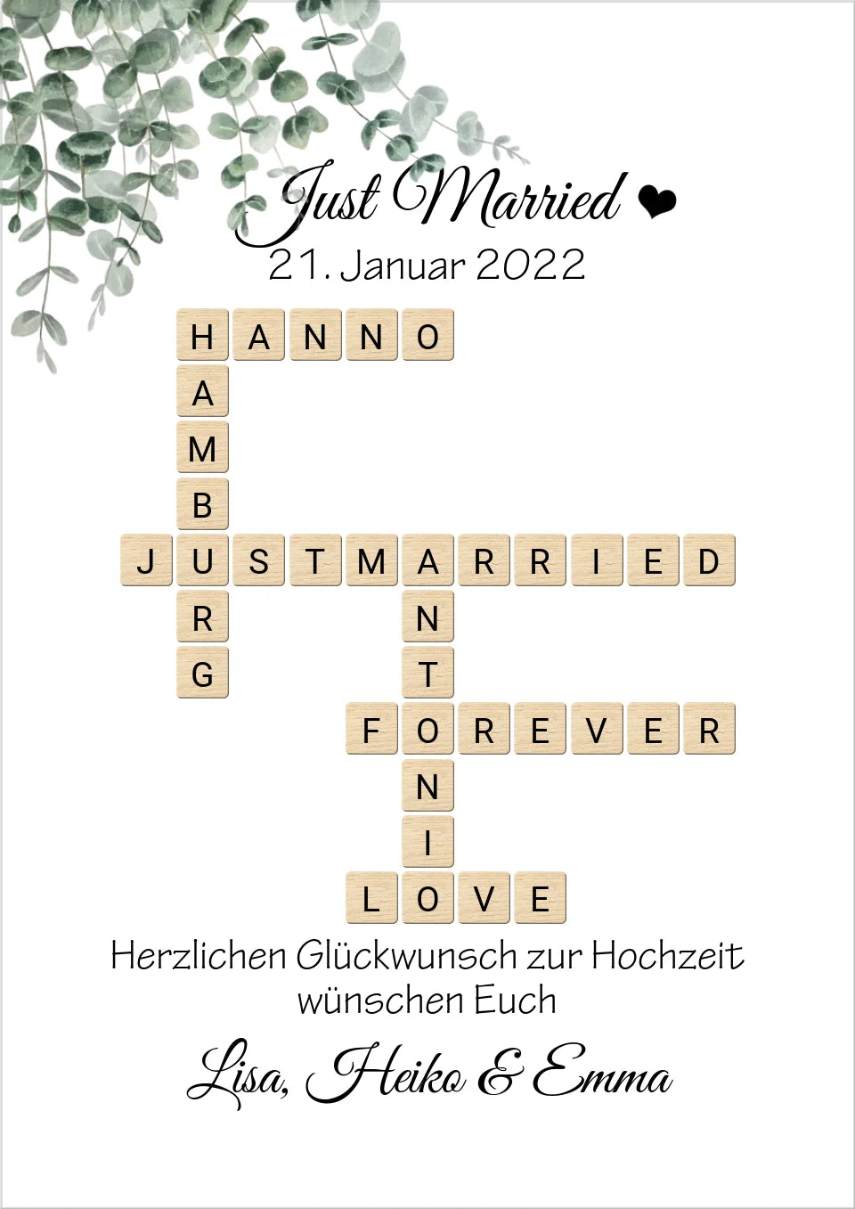 Personalisiertes Hochzeitsgeschenk Just Married Bild mit Namen im Scrabble Style