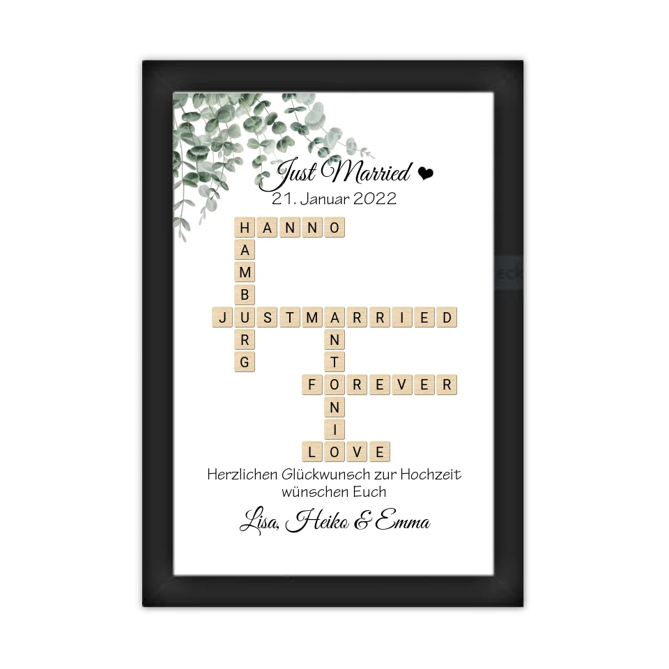 Personalisiertes Hochzeitsgeschenk Just Married Bild mit Namen im Scrabble Style