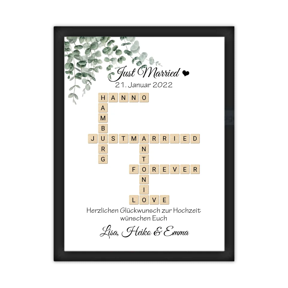 Personalisiertes Hochzeitsgeschenk Just Married Bild mit Namen im Scrabble Style