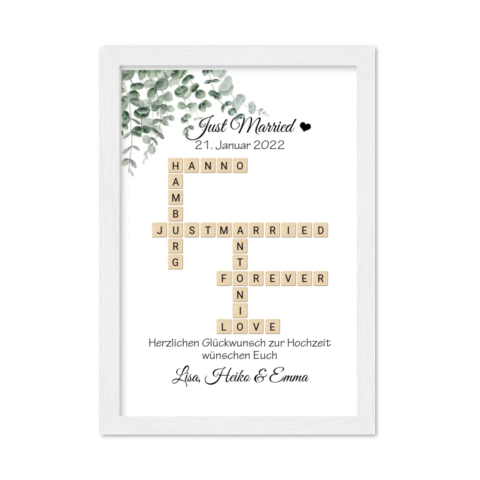 Personalisiertes Hochzeitsgeschenk Just Married Bild mit Namen im Scrabble Style