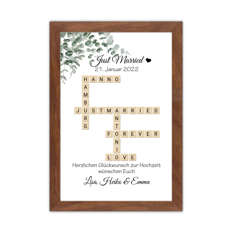 Personalisiertes Hochzeitsgeschenk Just Married Bild mit Namen im Scrabble Style