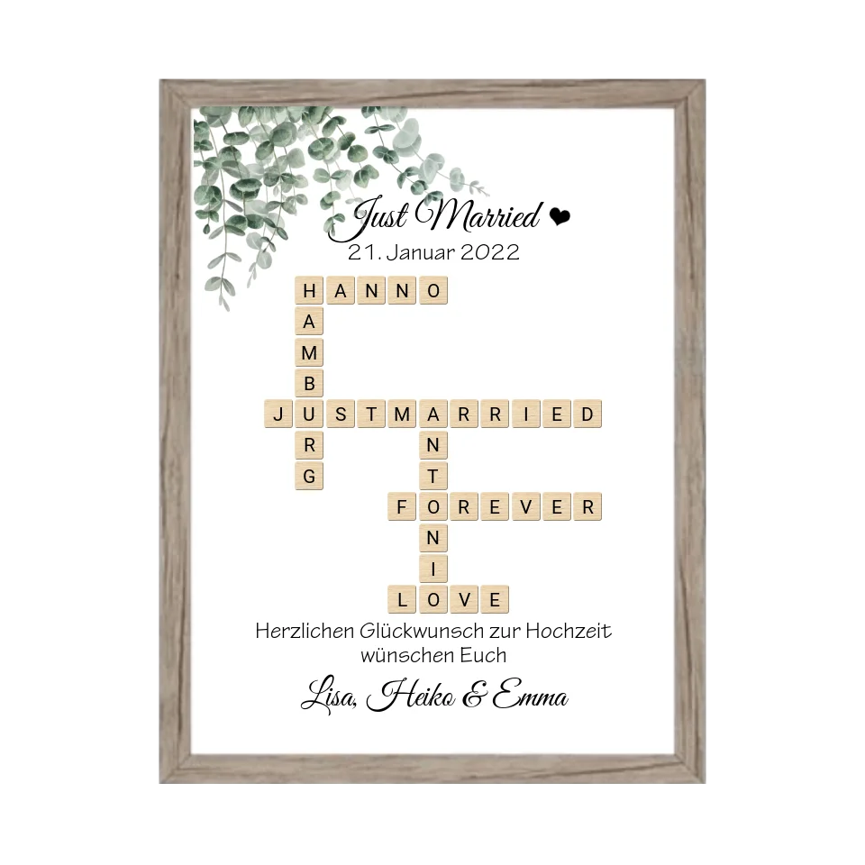 Personalisiertes Hochzeitsgeschenk Just Married Bild mit Namen im Scrabble Style