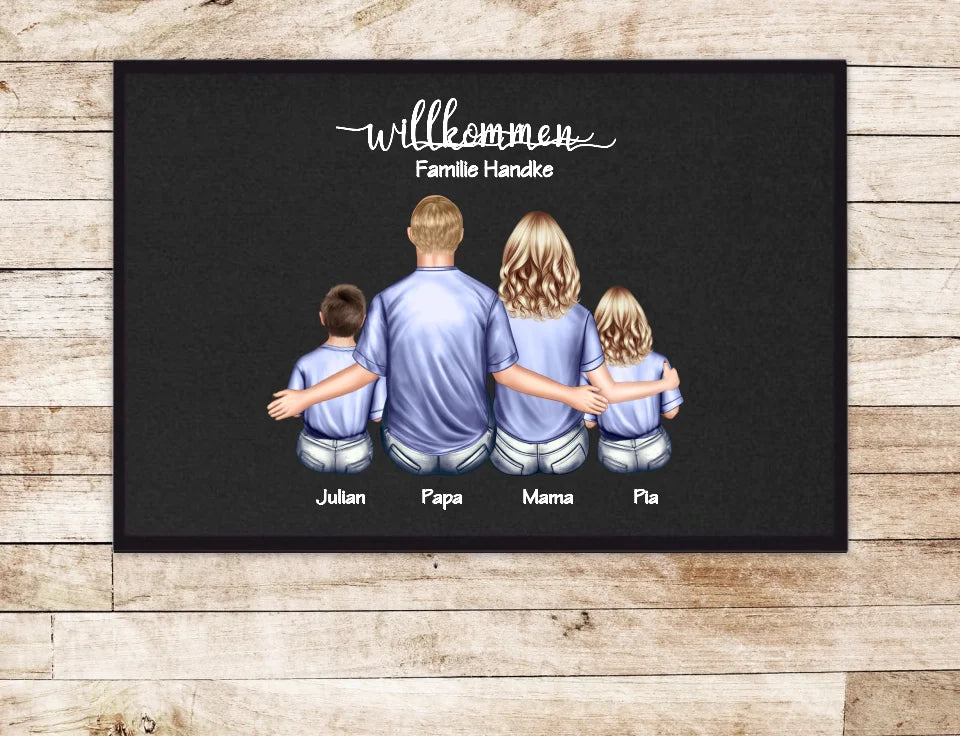 Geschenk Familie | Personalisierte Fußmatte Familie Mama | Papa, 2 Kindern mit Name | Dekofußmatte