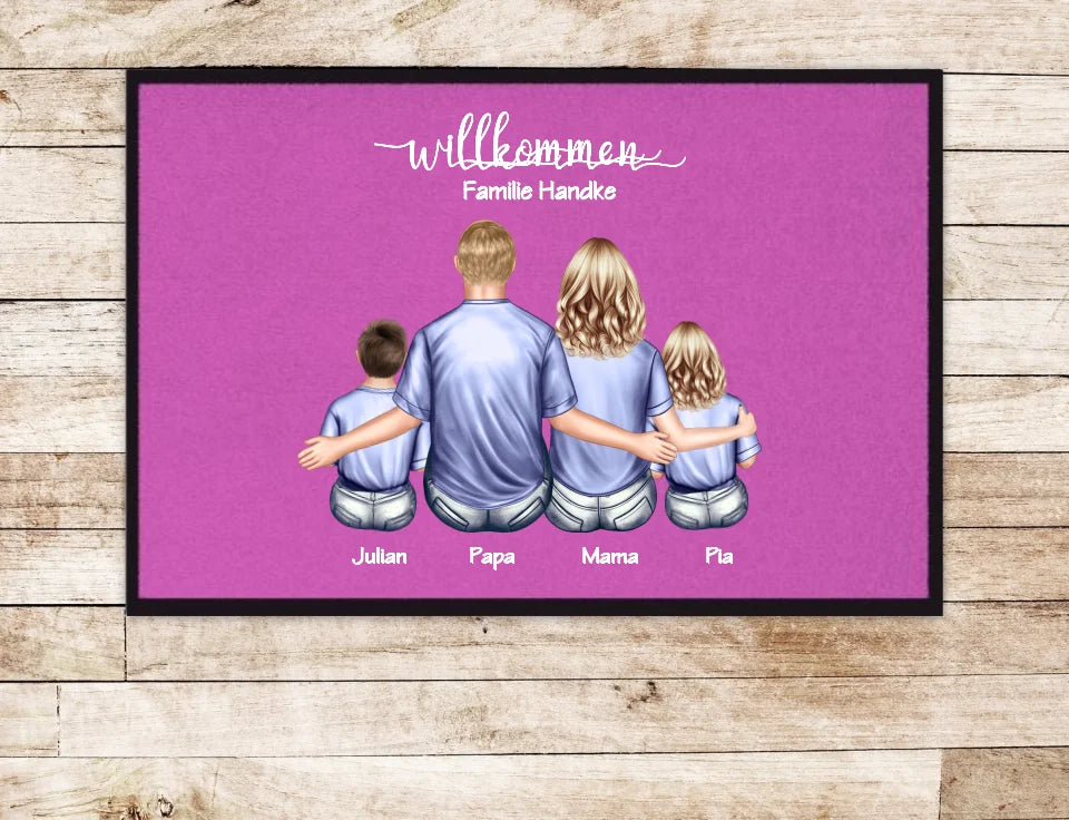 Geschenk Familie | Personalisierte Fußmatte Familie Mama | Papa, 2 Kindern mit Name | Dekofußmatte