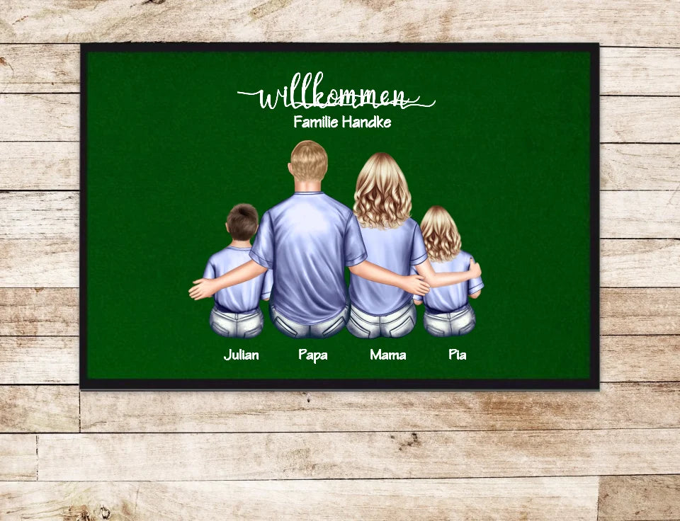 Geschenk Familie | Personalisierte Fußmatte Familie Mama | Papa, 2 Kindern mit Name | Dekofußmatte