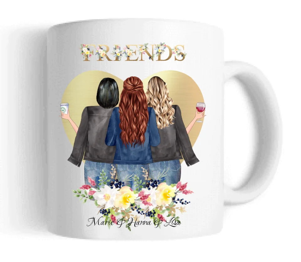 Personalisiertes Geschenk Tasse 3 Beste Freundinnen, Kaffeebecher, Geschenkidee Freundin, Weihnachtsgeschenk Schwester