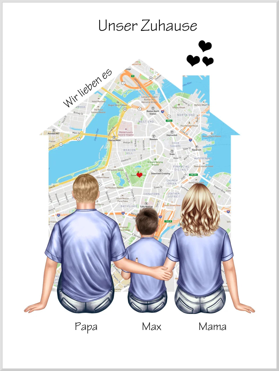 Unser Zuhause Familienbild Eltern mit 1 Kind Poster als Einzugsgeschenk in Wohnung, Haus