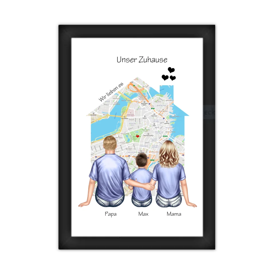 Unser Zuhause Familienbild Eltern mit 1 Kind Poster als Einzugsgeschenk in Wohnung, Haus