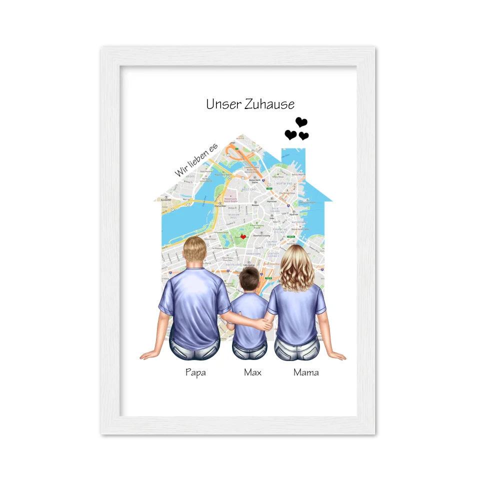 Unser Zuhause Familienbild Eltern mit 1 Kind Poster als Einzugsgeschenk in Wohnung, Haus