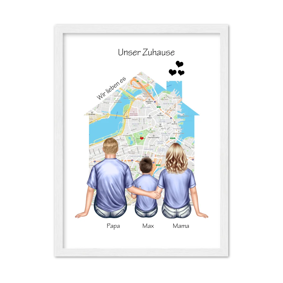 Unser Zuhause Familienbild Eltern mit 1 Kind Poster als Einzugsgeschenk in Wohnung, Haus