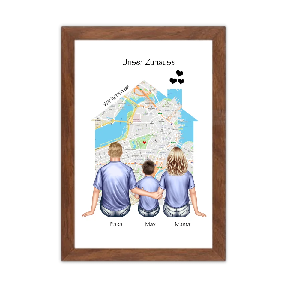 Unser Zuhause Familienbild Eltern mit 1 Kind Poster als Einzugsgeschenk in Wohnung, Haus