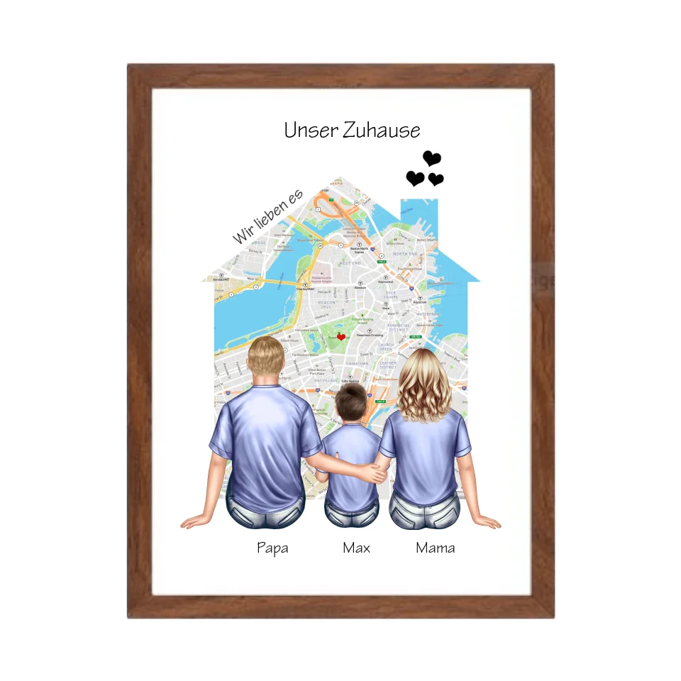 Unser Zuhause Familienbild Eltern mit 1 Kind Poster als Einzugsgeschenk in Wohnung, Haus