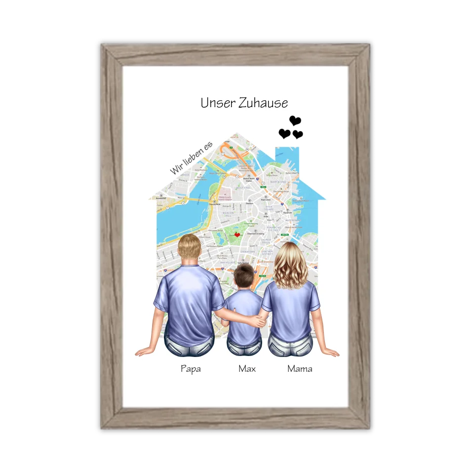 Unser Zuhause Familienbild Eltern mit 1 Kind Poster als Einzugsgeschenk in Wohnung, Haus