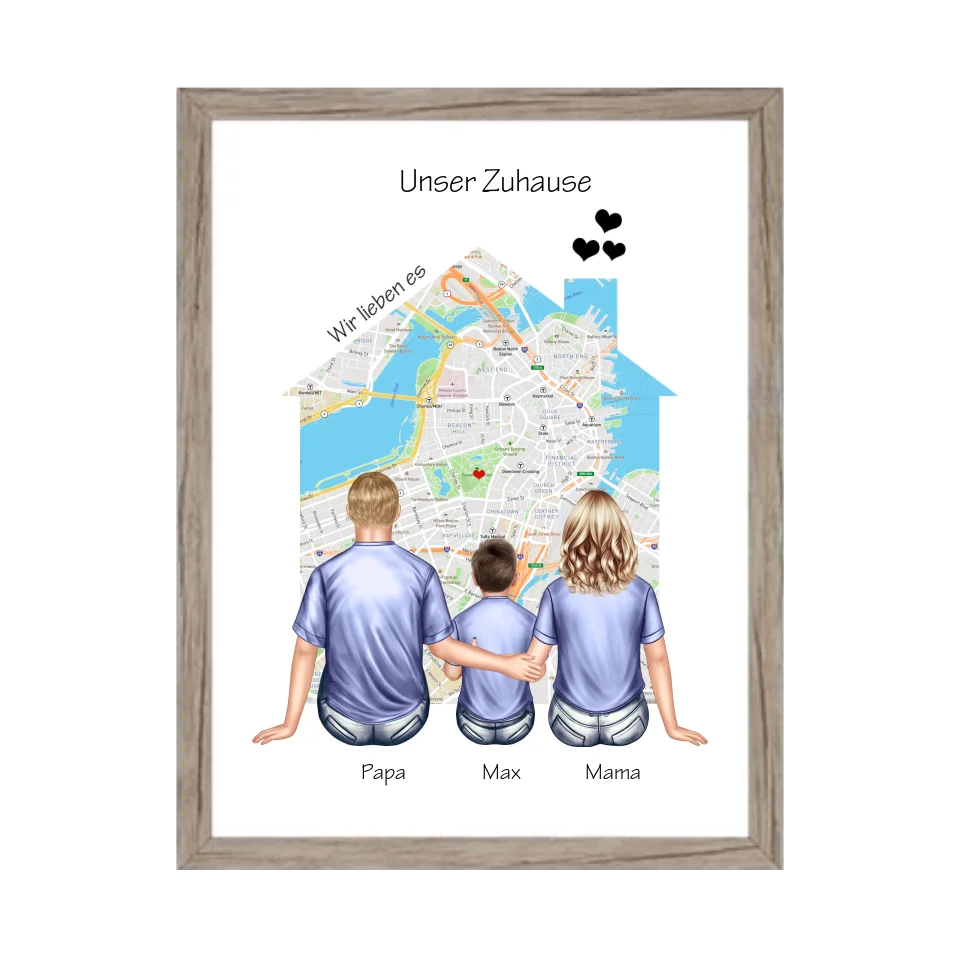 Unser Zuhause Familienbild Eltern mit 1 Kind Poster als Einzugsgeschenk in Wohnung, Haus